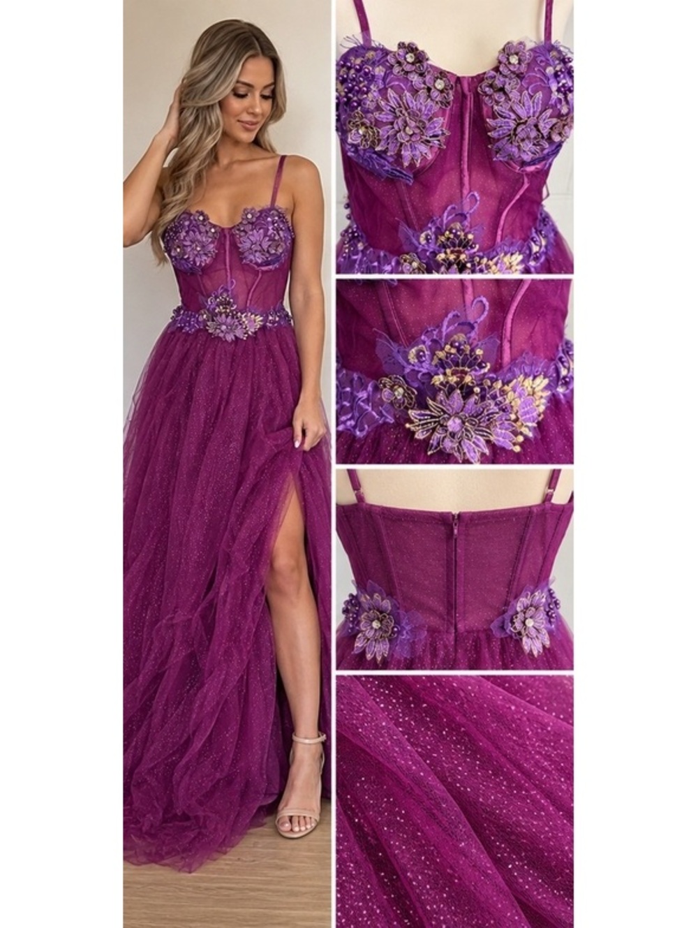 NWT Purple Glitter Floral Corset Prom Gown Size 2